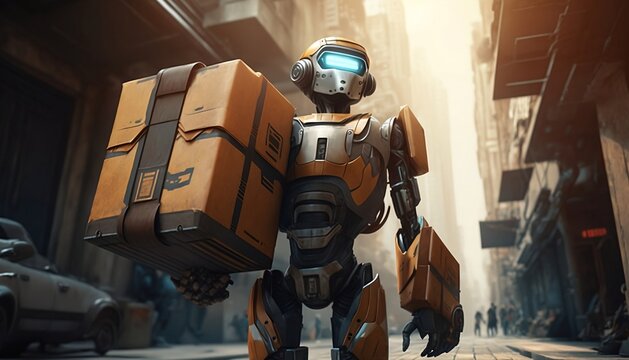 robot derivery carry express packages in city .Generative AI