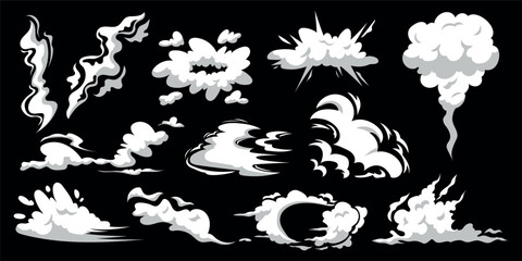 Naklejka premium 2D smoking silhouette. Fog drawing. Smoke comics explosion. Stream animation effect. Vapor puff. Dust and wind. Isolated fume clouds set. Vector garish cartoon illustration white mist