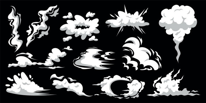 2D smoking silhouette. Fog drawing. Smoke comics explosion. Stream animation effect. Vapor puff. Dust and wind. Isolated fume clouds set. Vector garish cartoon illustration white mist