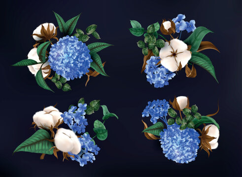 Realistic hydrangeas, cotton flower bouquets. Summer wedding plant leaf compositions, nature spring isolated elements, beauty garden, hortencia blue blossoms. Vector exact 3d illustration
