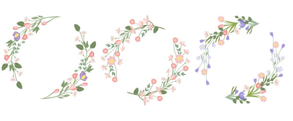A collection of blooming wreaths in pastel colors. Spring - summer flowering. Bright wreaths are ideal for banners, posters, birthdays, weddings, etc. Vector graphics.