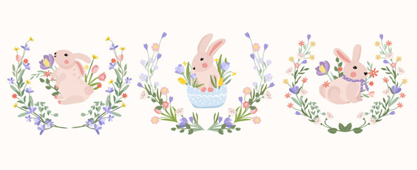 Collection of blooming wreaths and cute rabbit inside. Spring-summer flowering. Bright compositions for your design. Vector graphics.