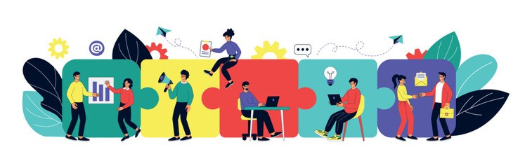 People team works, puzzle connect. Office partnership and teamwork, building success strategy together. Tiny workers, huge jigsaw. Men and women creative brainstorming. Vector flat tidy concept