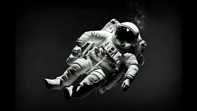 Astronaut floating against a black background. empty space and less ligh. cinemagraph video