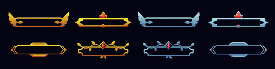 Ui game frames, gold and silver borders. Medieval decoration elements for old web banner. Fantasy gaming square metallic interface with gemstone. Vector cartoon recent illustration set