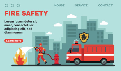 Fire protection landing page. Firefighter safety website. Fireman using extinguish technology in disaster. Emergency service. Man firefightering in city. Vector template tidy concept