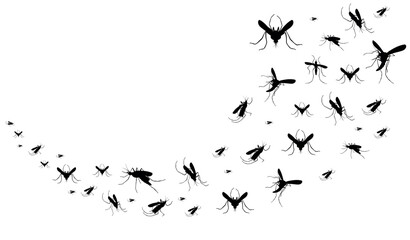 Mosquito insects fly, bugs silhouette. Black sketch of gnat, group of pests, zika or animal malaria epidemic. Bloodsucker control with repellent spray. Vector cartoon isolated illustration