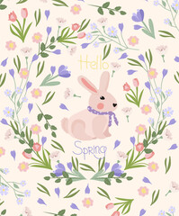 Fototapeta na wymiar Bright card with bright flowers, daisies, crocus, tulips, green leaves and a cute rabbit. Spring flowering. Vector graphics.