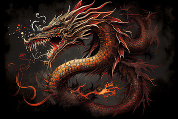 Obraz premium Fire red of full traditional chinese dragon. Chinese Lunar New Year. Happy chinese new year 2024. Years of the Dragon. Generative AI technology