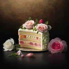 a piece of delicate cake with roses. Generated Ai