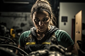 Obraz premium Automotive car mechanic female working in the garage and repairs a broken engine or gearbox. Repair or maintenance of auto service. AI generative