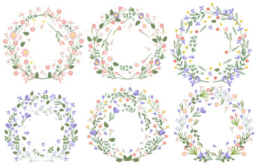 A collection of bright, creative, blooming wreaths in pastel colors. Color wreaths are perfect for banners, posters, birthdays, weddings and more. Vector graphics.
