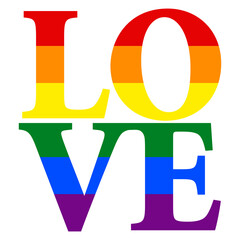 Logo lgbt. Mes del orgullo. Letras palabra Love en texto con textura con los colores de la bandera arco iris