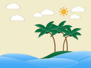 Fototapeta na wymiar Coconut trees on island with cloud with sun on yellow background , vector illustration ,travel holiday summer Booking online Business Concept