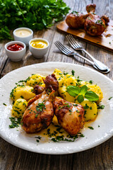 BBQ chicken drumsticks with fried potatoes, lettuce and ketchup on wooden table
