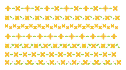 Spring season yellow forsythia flower concept design deco pattern border set. Repeated lines of flowers and leaves.