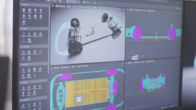 Close Up Of Desktop Compute'S Monitor Showing 3D Model Of Ev Car On The Working Table At Home
