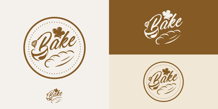 Set of bakery logo design vector with bread, cream, wire whisk vector. Chef hat icon. Bake cooking lettering logo design