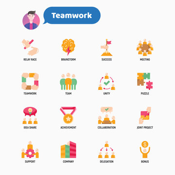 Teamwork flat icons set: relay race, brainstorm, success, meeting, idea share, collaboration, joint project, unity, support, delegation, bonus. Modern vector illustration.