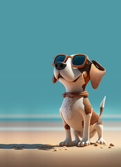 Naklejka na ściany i meble Cute Cartoon Summer Dog on a Beach in Sunglasses with Space for Copy (Created with Generative AI)