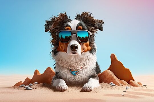 Cute Cartoon Summer Australian Shepard On A Beach In Sunglasses With Space For Copy (Created With Generative AI)