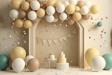 Composition of a bouquet of light white and beige balloons for a children's birthday party or other celebration. Generative AI