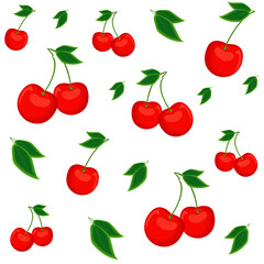 Seamless vector pattern with realistic red cherries and green leaves on a white background for your design and creativity
