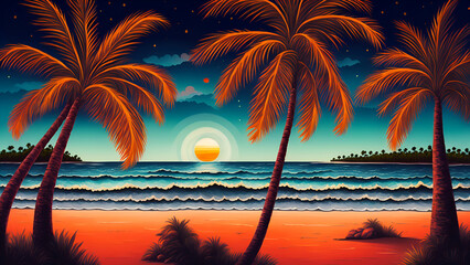 Fototapeta na wymiar Beautiful beach and sunset, palm trees retro style with generative AI.
