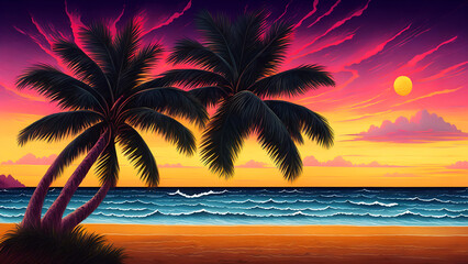 Naklejka na ściany i meble Beautiful beach and sunset, palm trees retro style with generative AI.