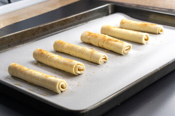 puff pastry with jam on black background.food concept. diet. bakery