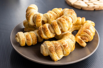 puff pastry with jam on black background.food concept. diet. bakery