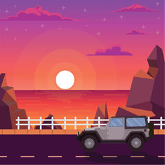 Fototapeta na wymiar Vector Sunset car on the beach