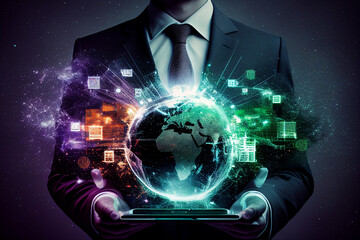 Businessman Holding Global Technology. Digital Marketing Concept. Generative Ai