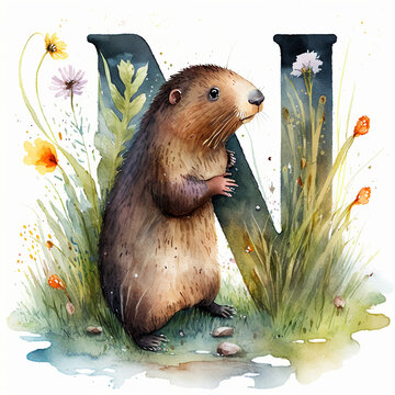 Cute Nutria and the Letter N: Exploring Nature and Learning the Alphabet, watercolor illustration kids AI Generative