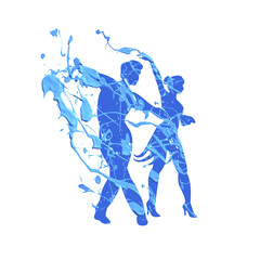 Fototapeta na wymiar Silhouette of a dancing pair sporting latin classical dances. Vector icon of blue paint