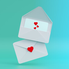Happy Valentine's day. Paper envelopes and red hearts. 3d illustration open envelope letter, mail letter with red heart. 