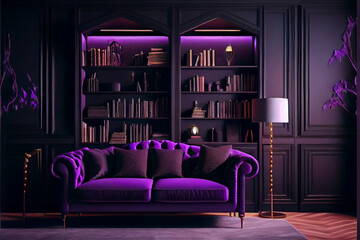 Luxury modern interior of living room ,Ultraviolet home decor concept ,purple sofa and black table. Dark purple living room interior with purple sofa. Luxury living room interior. Copy space. High