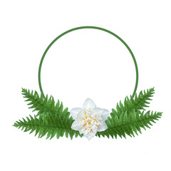 Flower arrangement of a round shape.  White flower and green fern leaves on a white background. Wedding design element.  Floral frame. Copy space