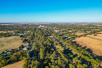 Aerial view of the Northern Highway leading into Rochester in Victoria, Australia. 