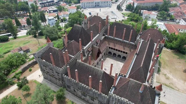 Circle aerial view of the medieval Palace of the Dukes of Braganza. Guimaraes city in Portugal, North region