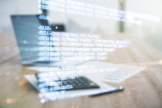 Multi exposure of abstract creative coding sketch on calculator and laptop background, artificial intelligence and neural networks concept