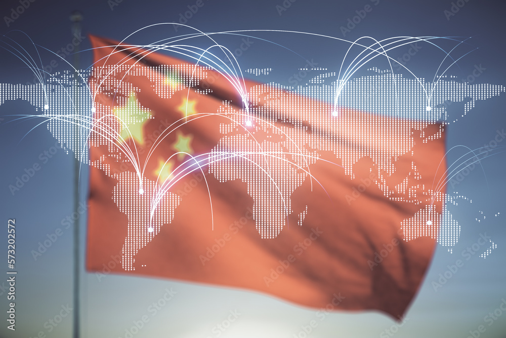 Poster double exposure of abstract digital world map hologram with connections on flag of china and sunset 