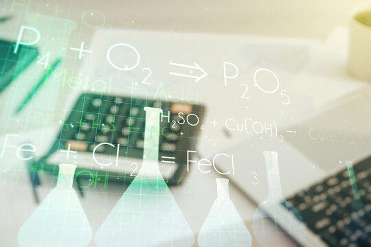 Abstract virtual chemistry illustration on blurry calculator and computer background, science and research concept. Multiexposure