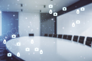 Abstract virtual medical illustration on a modern conference room background. Medicine and healthcare concept. Multiexposure