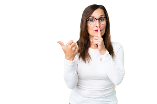 Middle age woman over isolated chroma key background pointing to the side and doing silence gesture