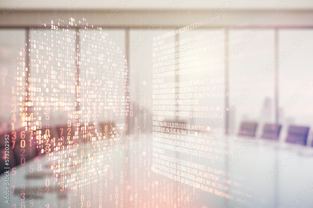 Poster double exposure of abstract virtual creative code skull hologram on a modern meeting room background