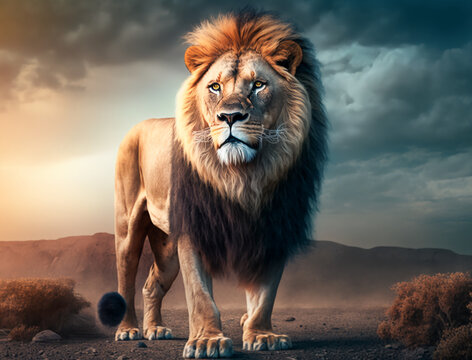 male lion in the wild enjoys nature, Bright sky, blur, Animal Wallpaper, 4k, wildlife background, HD Wallpaper, Digital illustration, wildlife animal