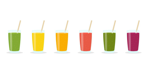 Set of glasses with fresh delicious smoothie and straw on white background