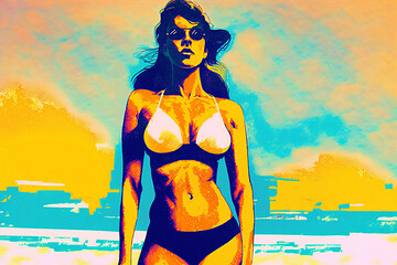 dusty grunge retro risoprint style illustration of beautiful happy woman in bikini in sunglasses on sunset sky beach background new quality creative travel stock image illustration, Generative AI