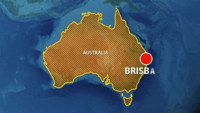 Designation of the borders of Australia on the map and the mark of the location of the city of Brisbane